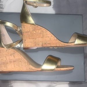 Ann Taylor gold strap wedge heels